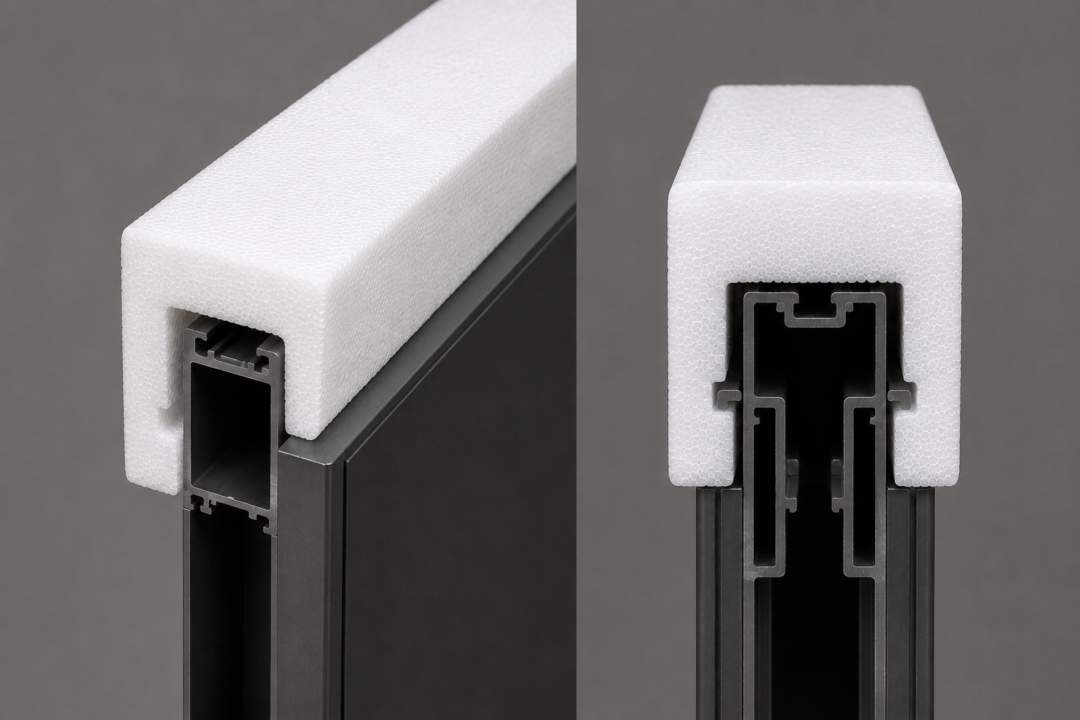 White foam protective cap placed on the end of a black aluminum extrusion, shown from two angles to prevent damage during handling.