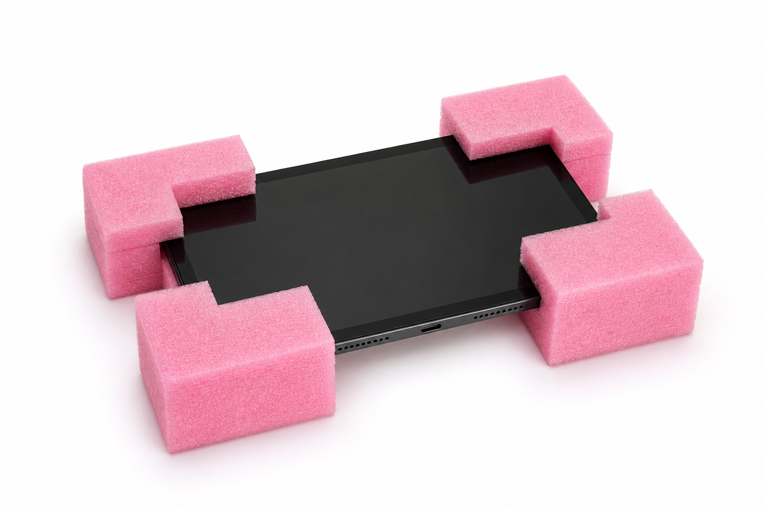 Smartphone lying on a white surface with pink foam corner protectors around its edges for cushioning.