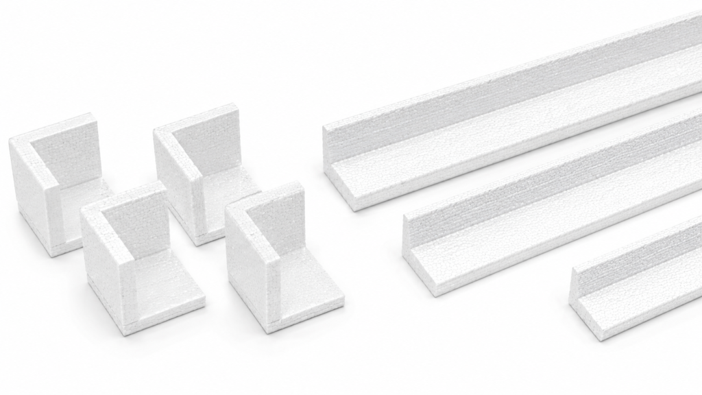 White foam construction blocks arranged to form the letter H with long foam beams beside them on a white background