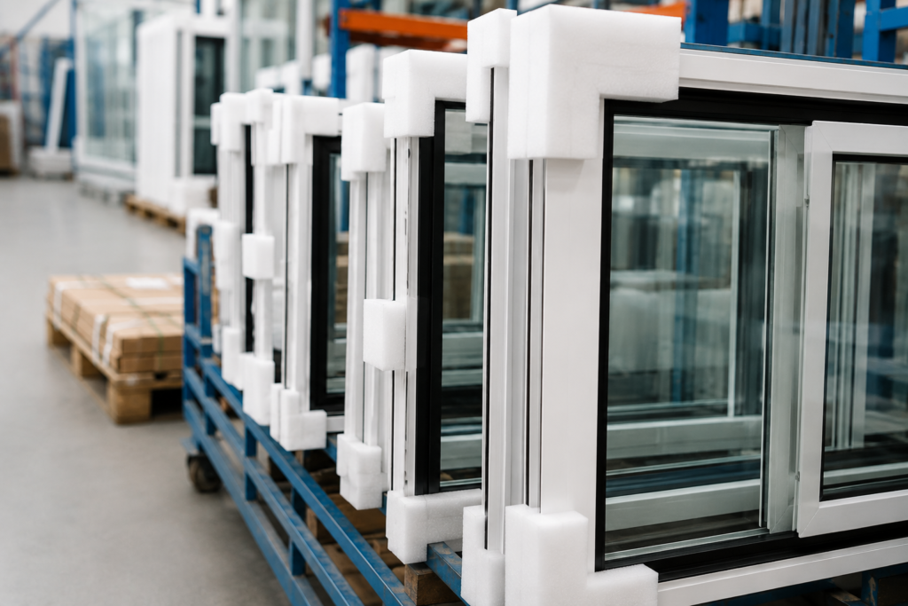 Row of large glass windows on a blue metal rack in a warehouse, with foam corner protectors attached to the frames