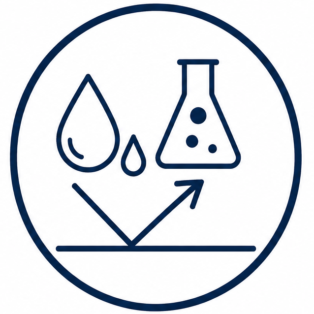 Circular icon showing liquid drops and a beaker with bubbles being poured toward a surface.
