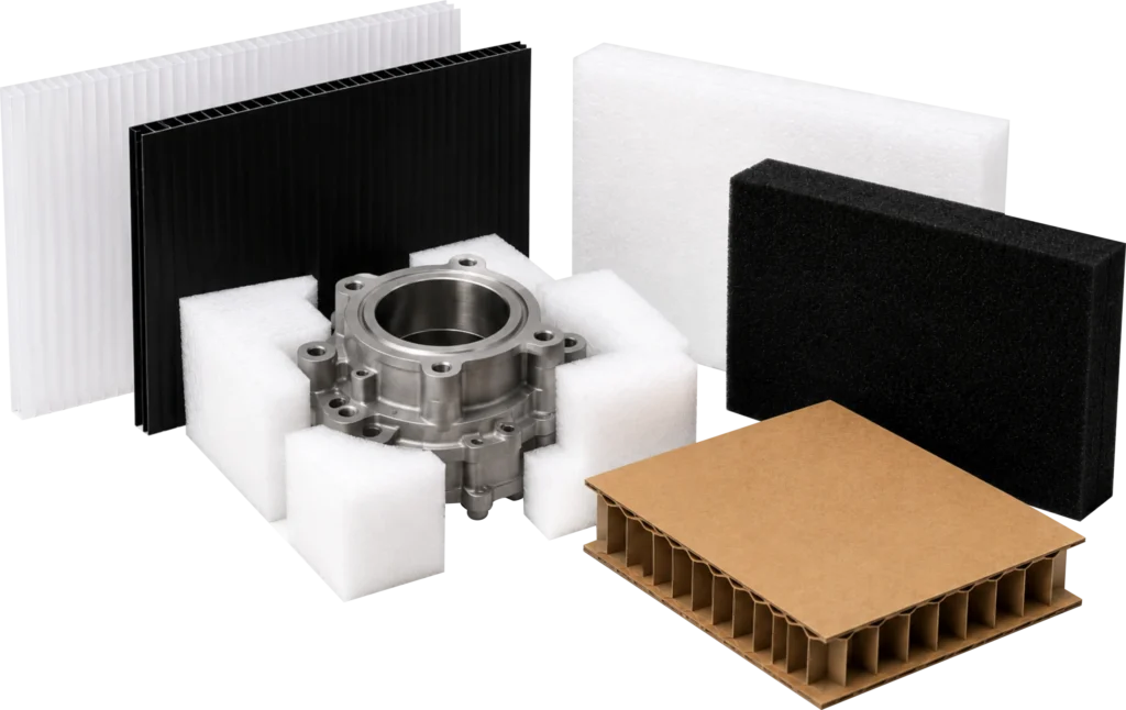 Industrial packaging scene showing foam corner supports, a metallic hub, white and black foam sheets, and a corrugated cardboard pallet.
