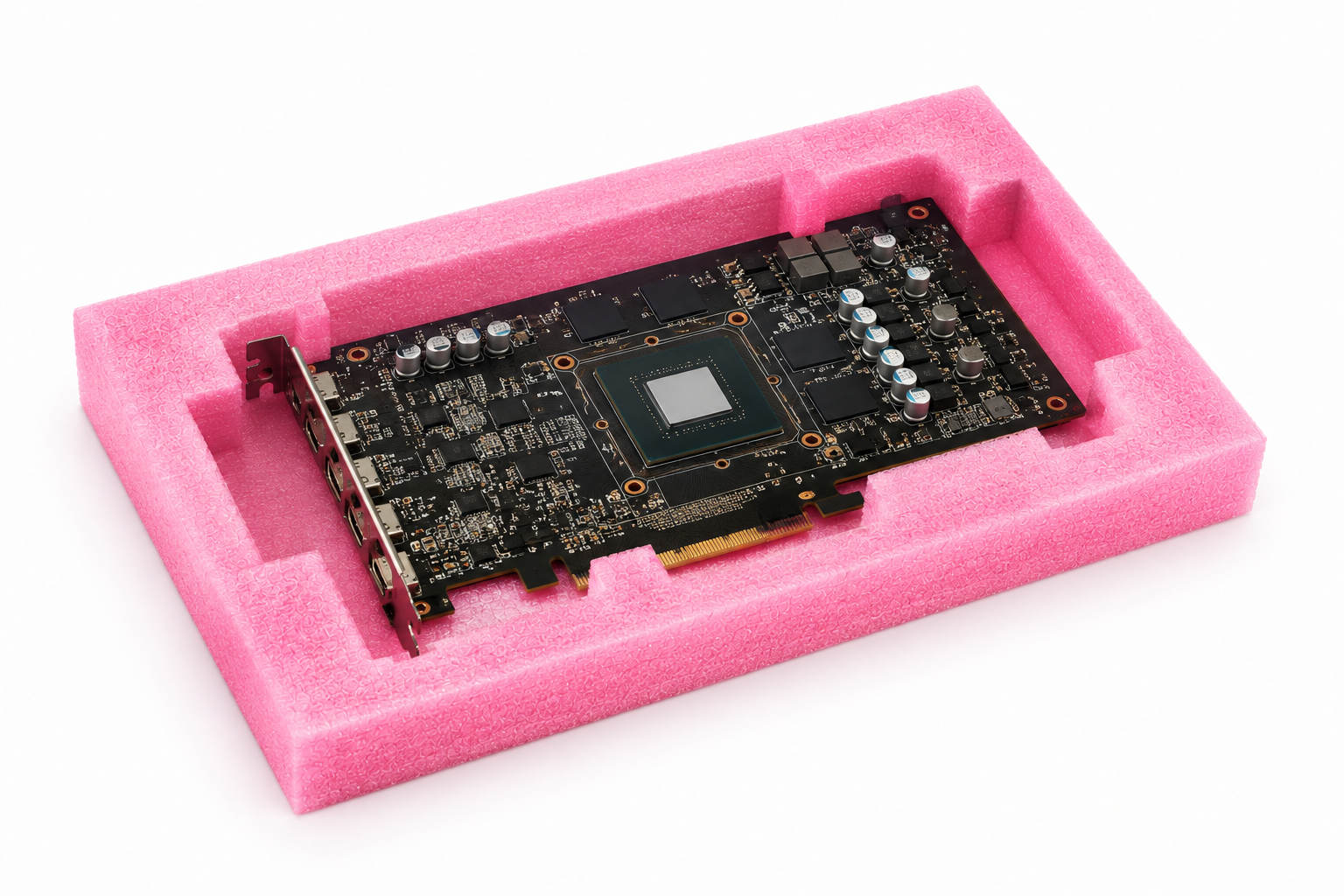 Graphics card resting in pink foam packaging, showing a large GPU chip and circuit board details in a protective cradle.
