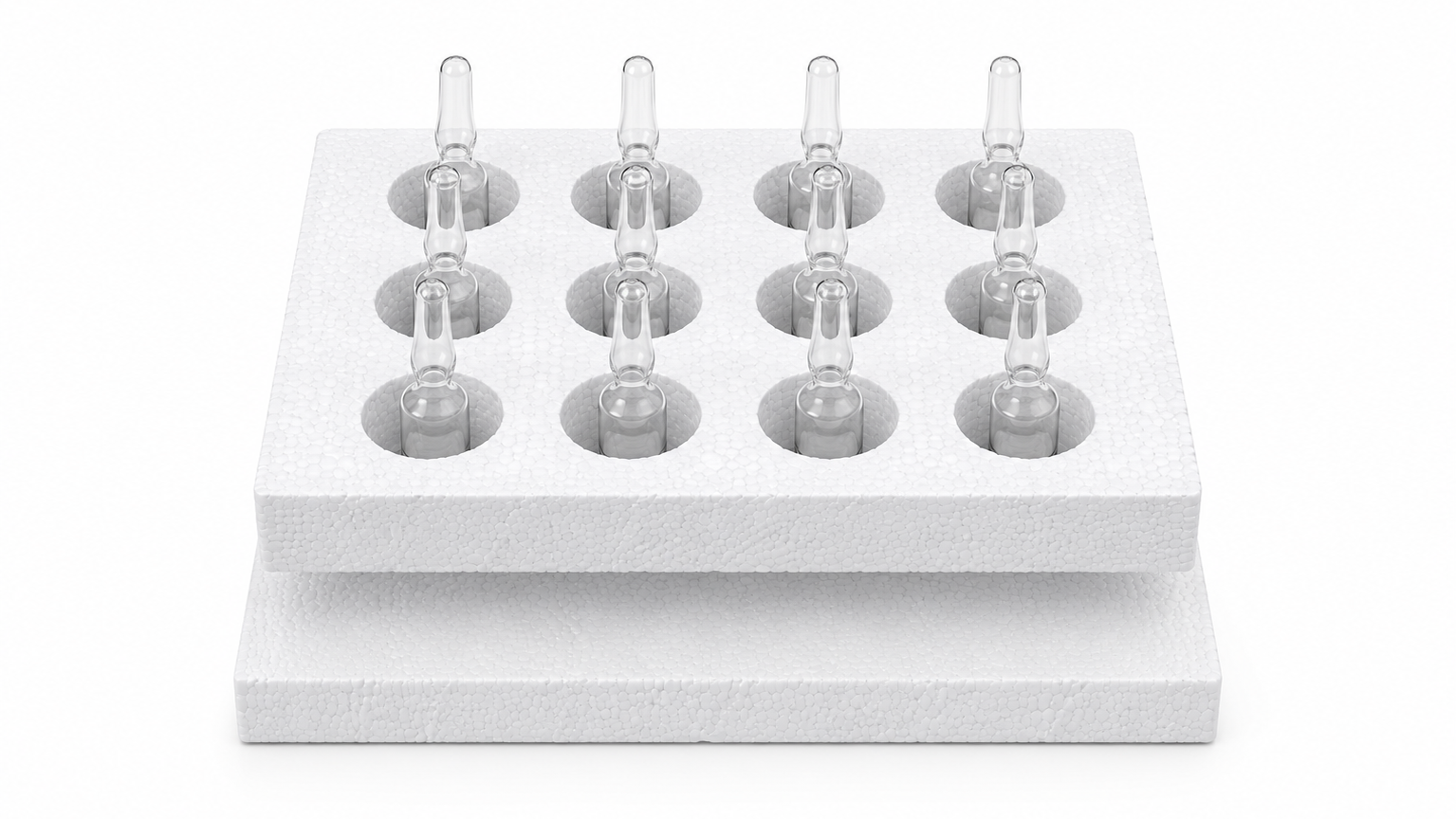 White Styrofoam rack holding twelve glass ampoules arranged in a grid in a lab setting on a white background