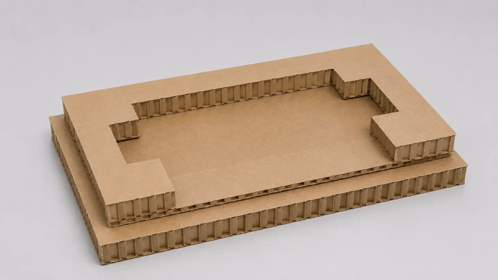 Cardboard architectural model of a stepped, hollow rectangular building with an inner courtyard area.