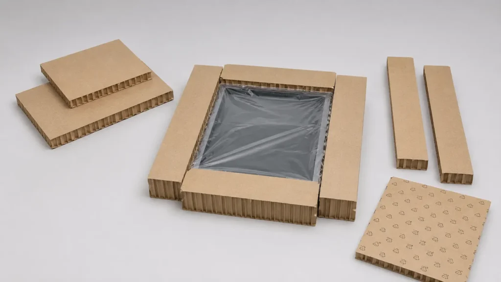 Cardboard protective packaging panels arranged around a black plastic-wrapped object for shipping protection.