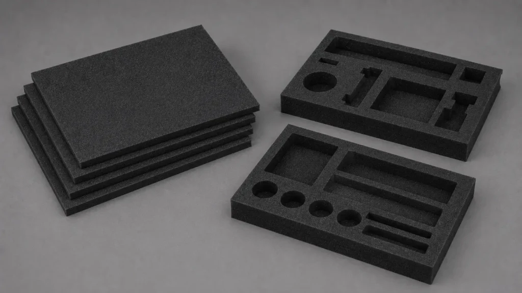 Stacks of dark foam sheets for packaging, with cutouts on the right-hand pieces for organizing tools and parts.