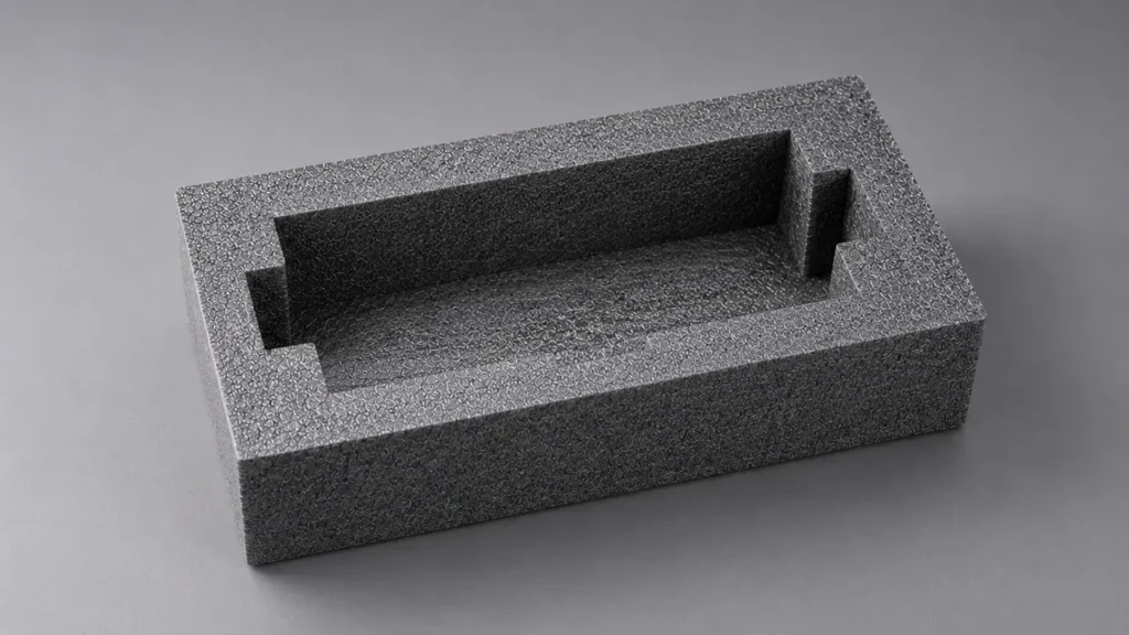 Dark gray foam insert with a long rectangular hollow cavity and stepped side notches, likely a packaging or protective insert.