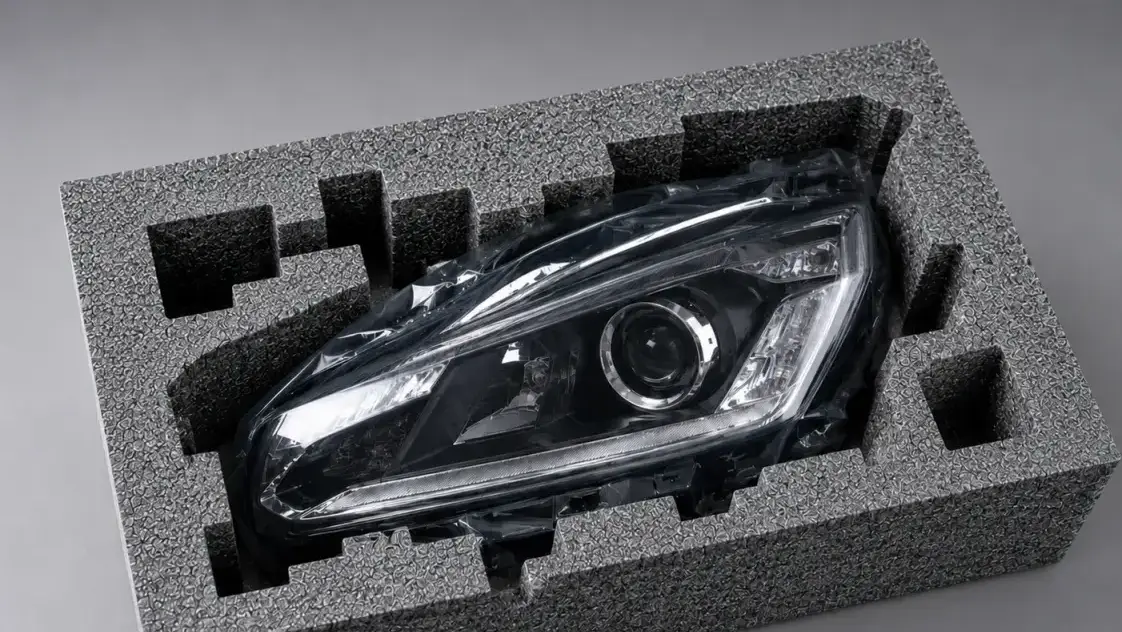 Car headlight packed in protective foam insert, ready for shipment/handling.