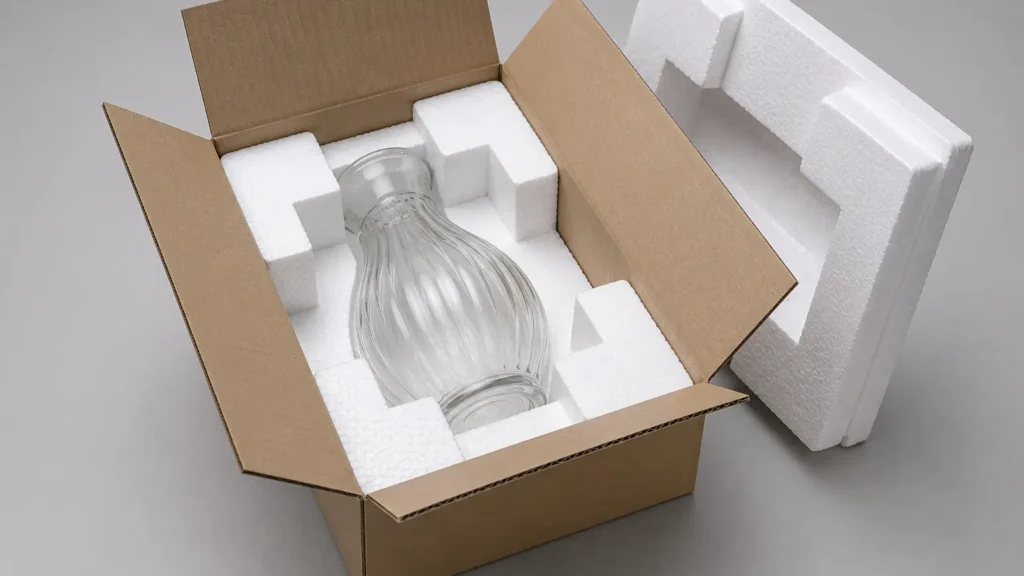 Clear glass bottle nestled in white foam packing inside an open cardboard shipping box.