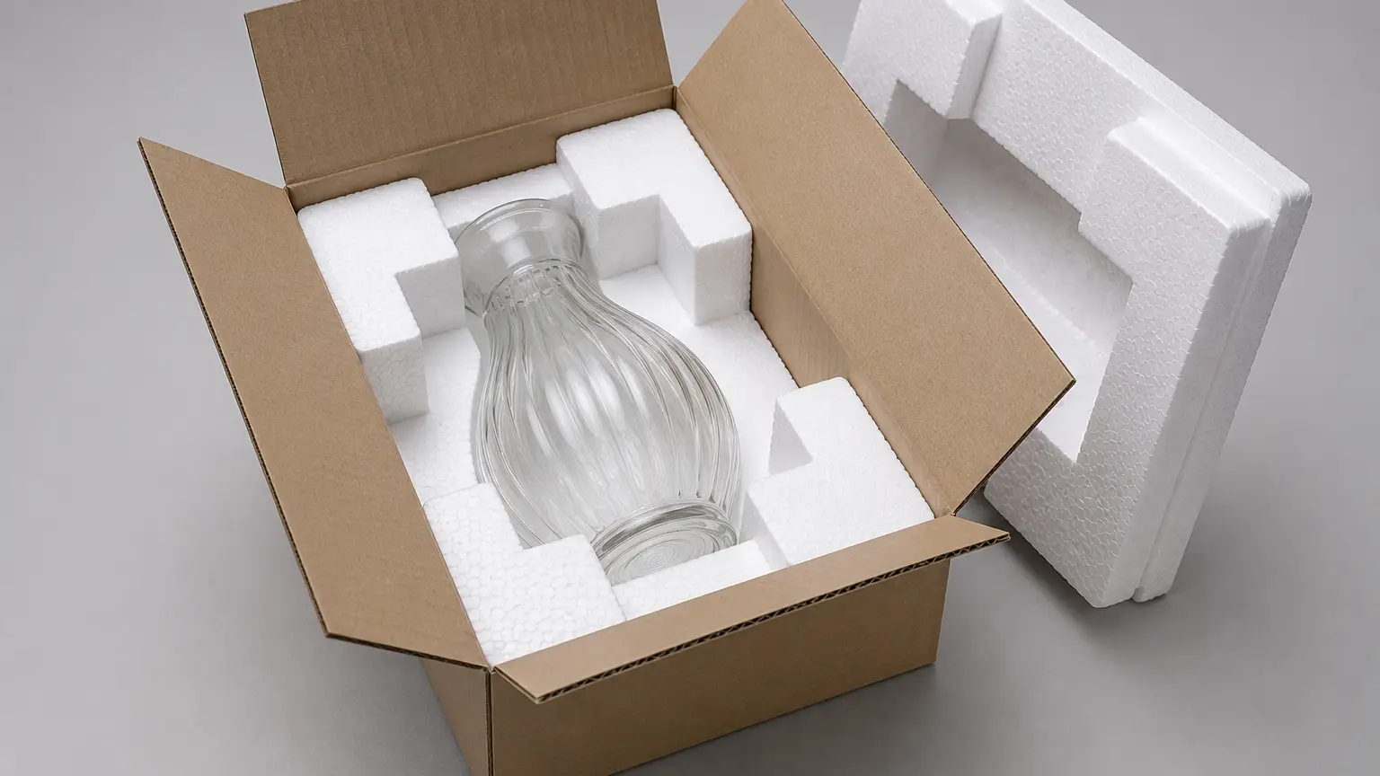 Clear glass bottle nestled in white foam packing inside an open cardboard shipping box.