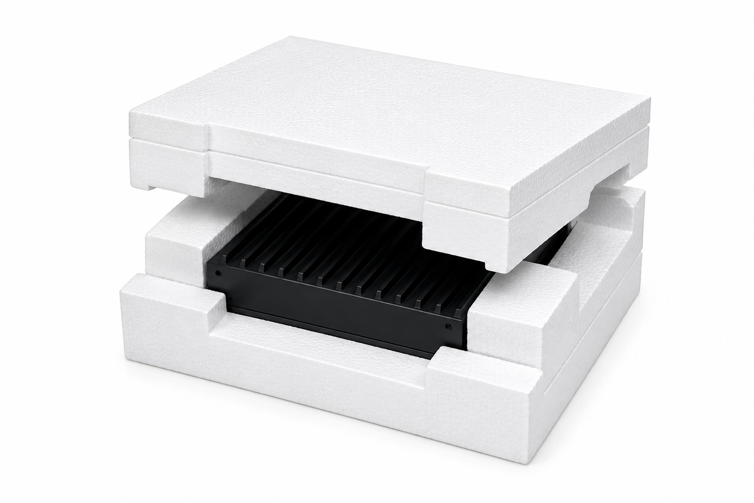 Protective white foam packaging open to reveal a black, finned electronic device inside.