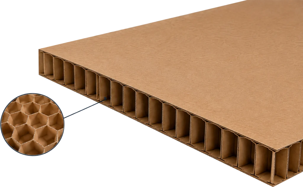 Large flat sheet of brown corrugated cardboard showing its hexagonal honeycomb inner structure along the edge, with a circular zoom highlight focusing on the honeycomb texture