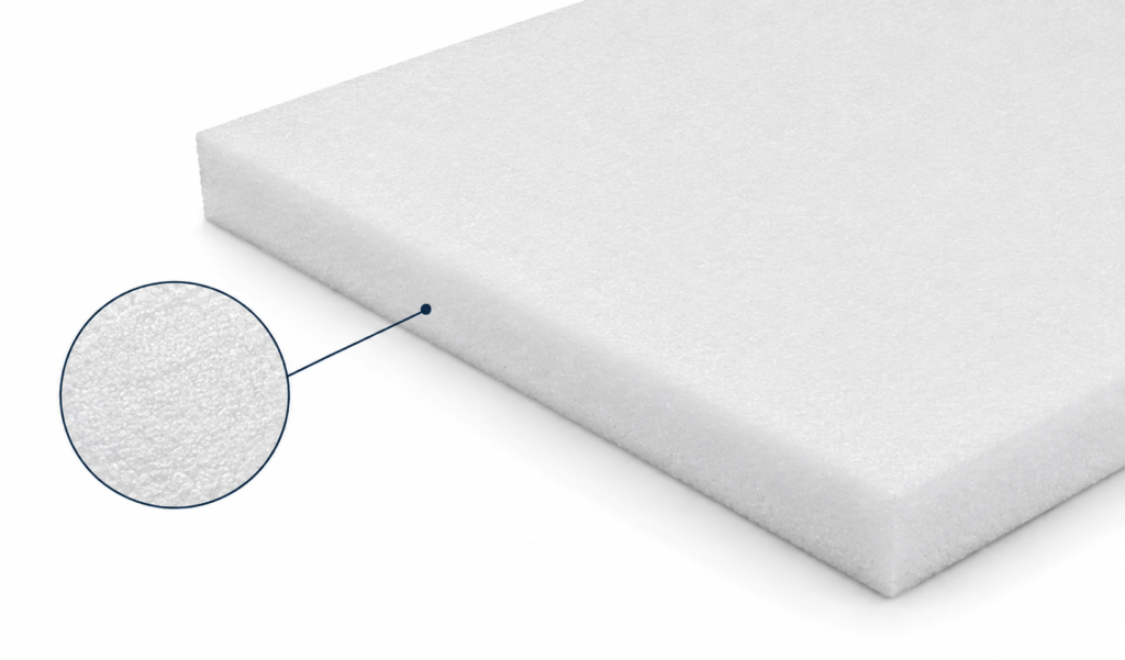 White polystyrene foam block with a magnified inset showing its bubble-textured surface.