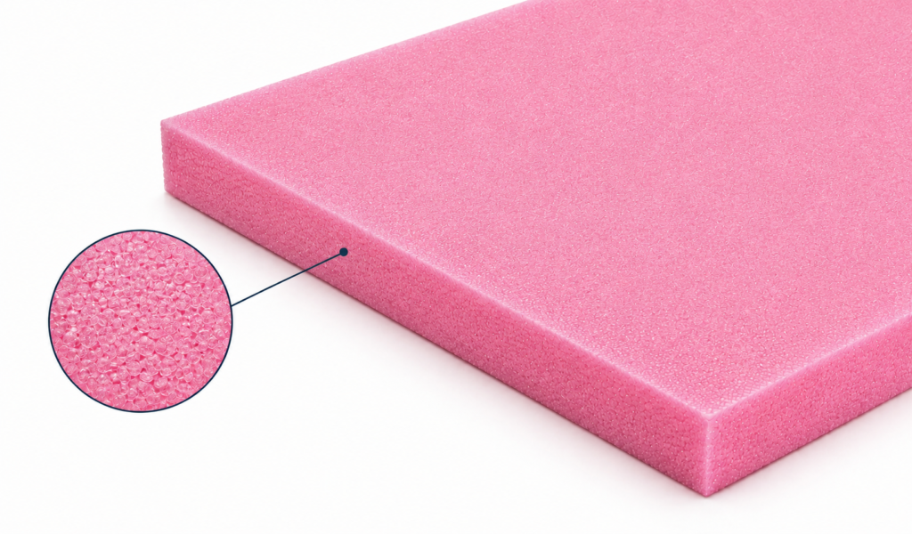Pink foam sheet with a close-up inset showing its bubble-like texture.