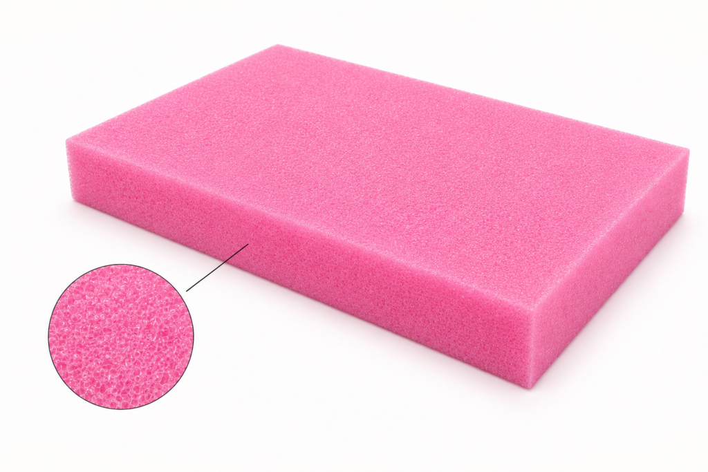 Pink rectangular foam block with a magnified inset showing its bubbly foam texture.