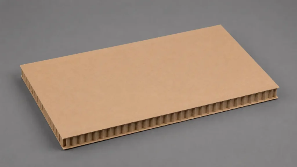 Rectangular corrugated cardboard panel with the fluted inner layer visible along the edge, lying on a gray surface.