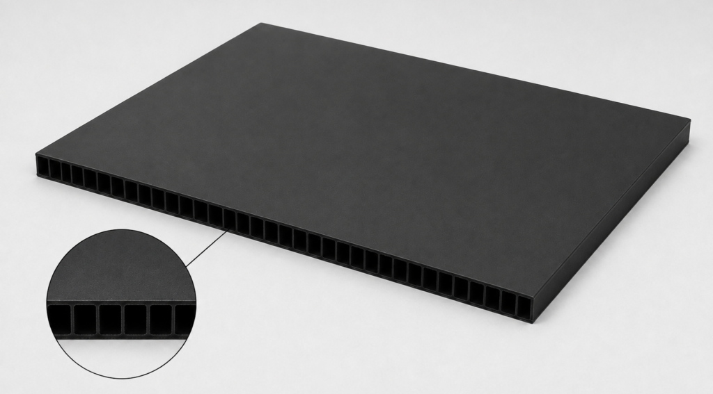 Flat black rectangular panel with evenly spaced square channels along one edge; close-up shows the cross-section of the channels.