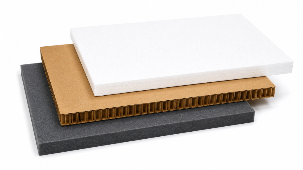 Stack of three layered insulation boards: white polystyrene on top, brown corrugated cardboard in the middle, and dark gray foam on the bottom.