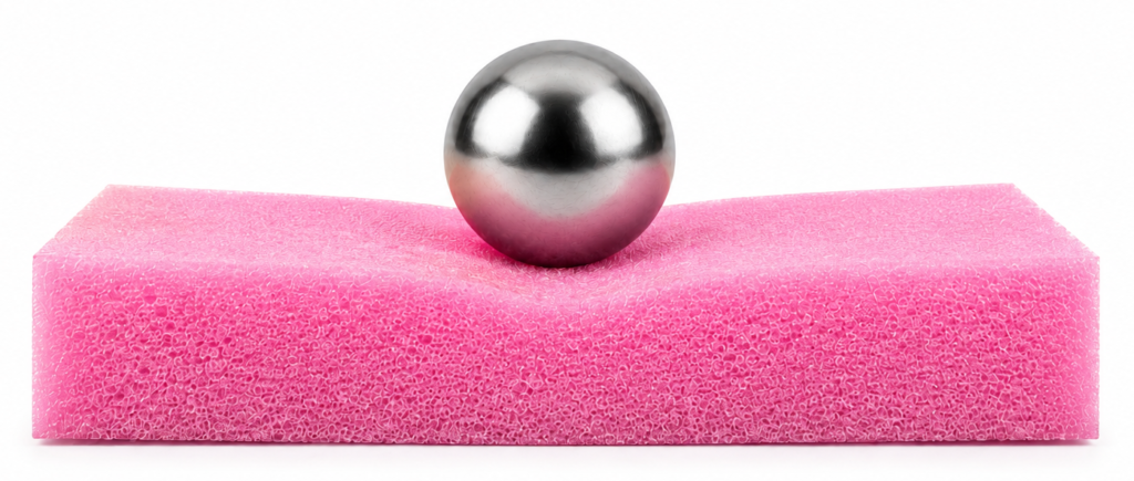 Polished steel ball resting on a bright pink sponge surface.