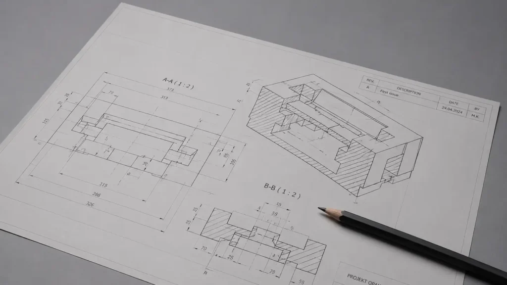 Technical engineering drawing on white paper showing sections A-A and B-B with measurements and an isometric 3D view, plus a pencil nearby