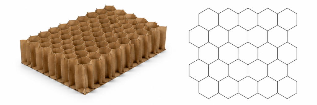 Three-dimensional honeycomb cardboard panel next to a regular hexagonal grid outline, showing hexagon pattern.