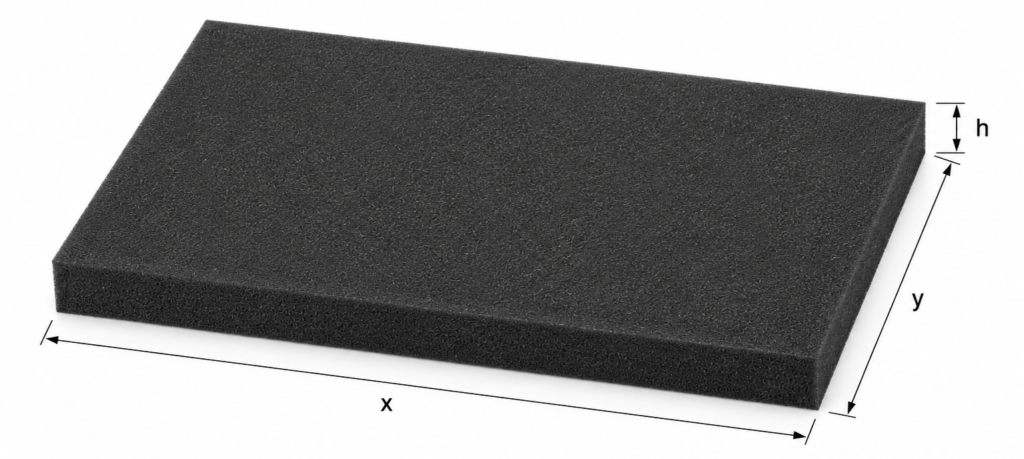 Black rectangular foam block with labeled dimensions: length x, width y, height h (x by y by h).