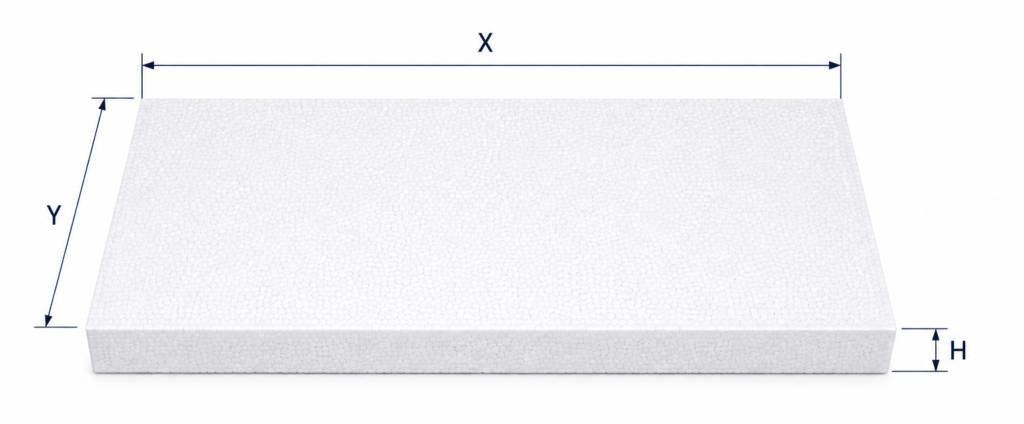 White polystyrene foam block with labeled dimensions X (width), Y (height) and H (thickness).