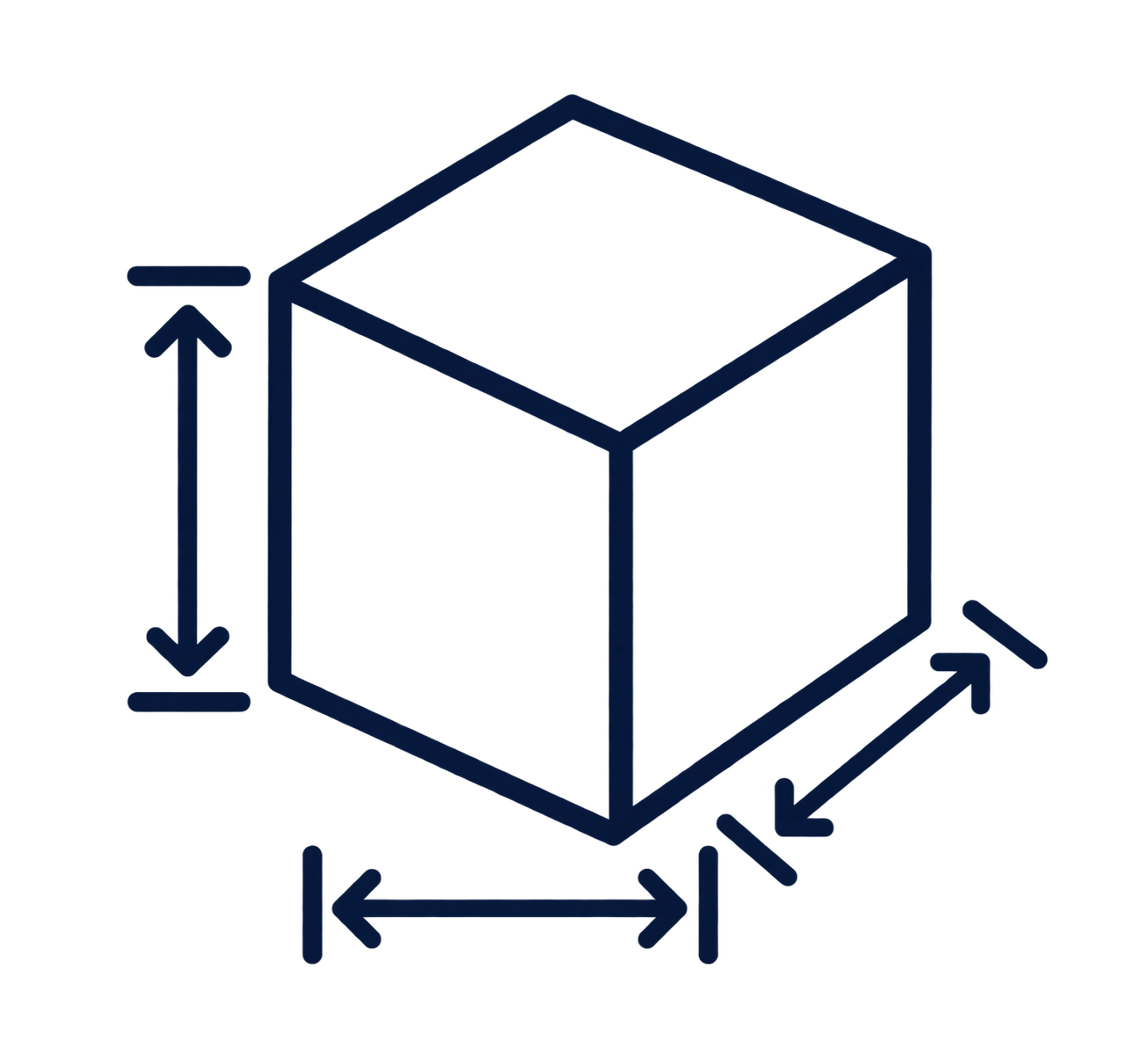 Isometric cube with dimension arrows showing height, width, and depth.