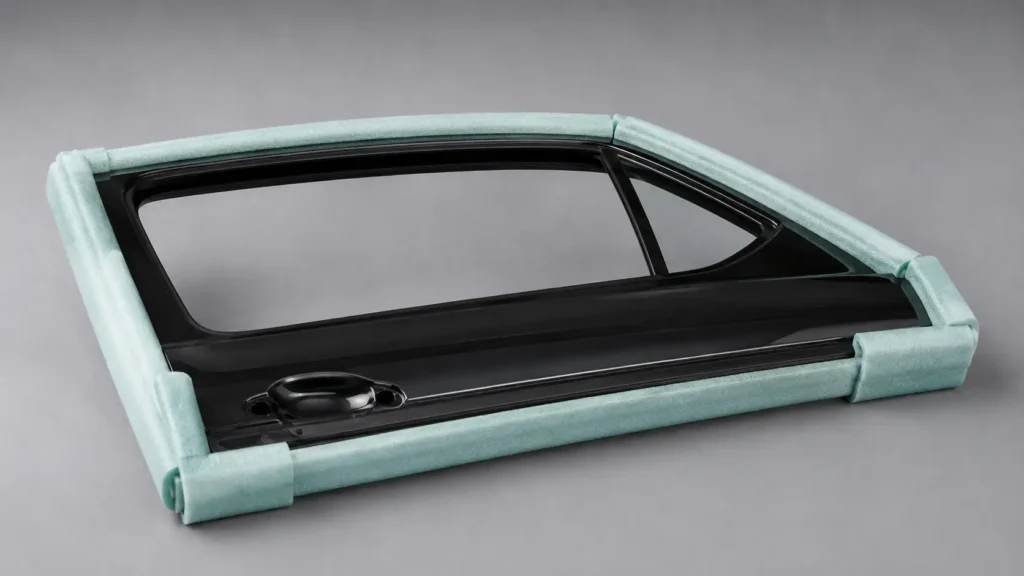 Black car window pane framed by light-green protective foam packaging on a gray background, ready for shipping/installation.