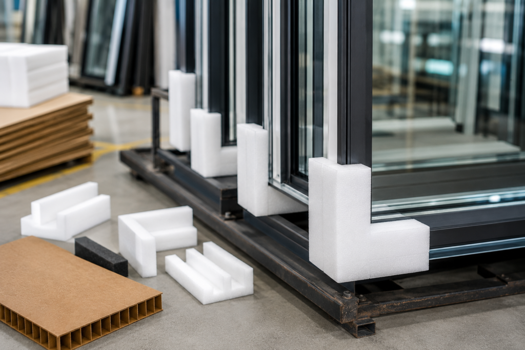 Glass window frames on a wheeled rack in a workshop, with white foam corner protectors and scattered packaging foam pieces