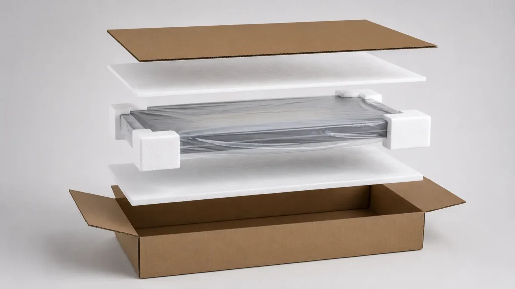 Exploded view of a product's packaging: cardboard box, foam inserts, and a wrapped rectangular component ready for shipping.