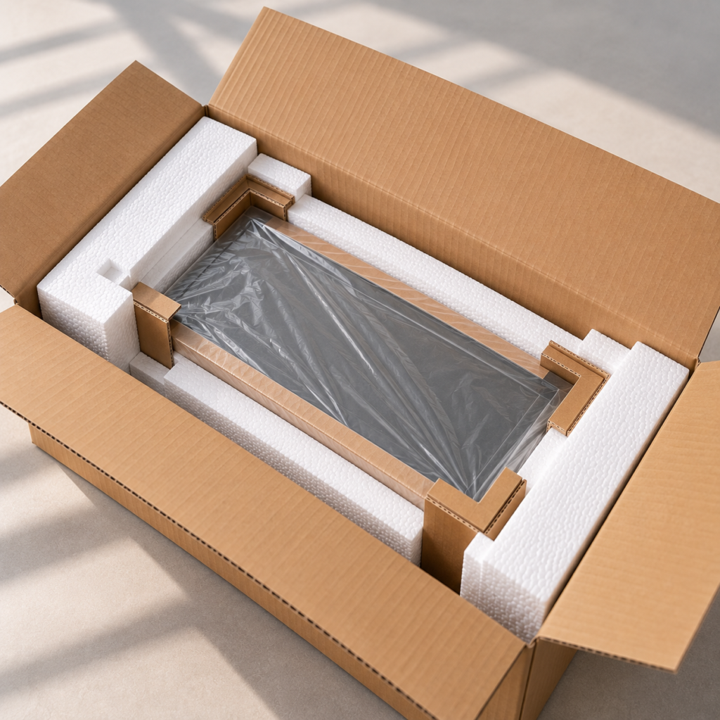 Open cardboard shipping box revealing a flat-screen monitor securely packed with foam padding and plastic wrap inside.