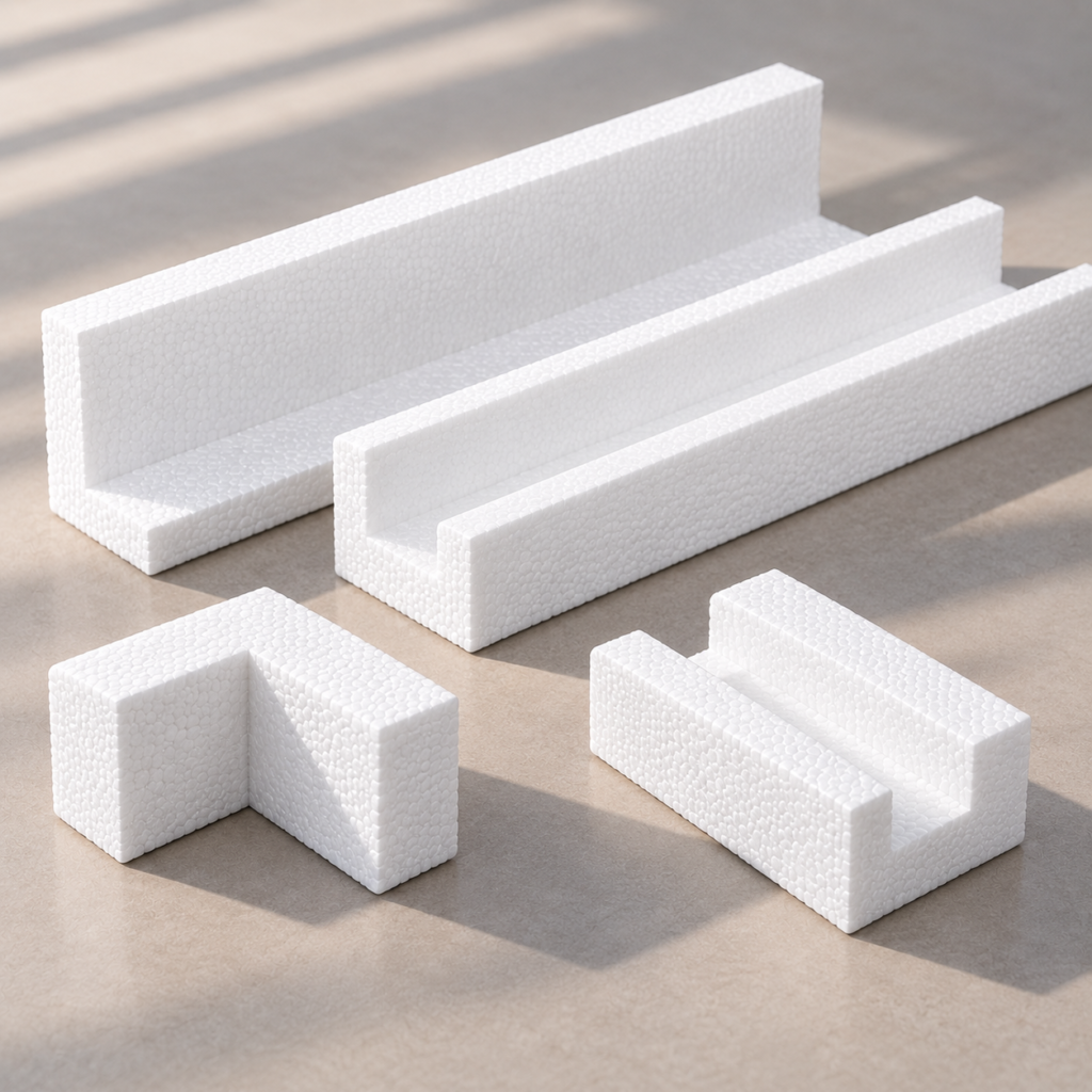 Assorted white styrofoam building blocks in L-shaped and U-shaped profiles laid on a beige surface