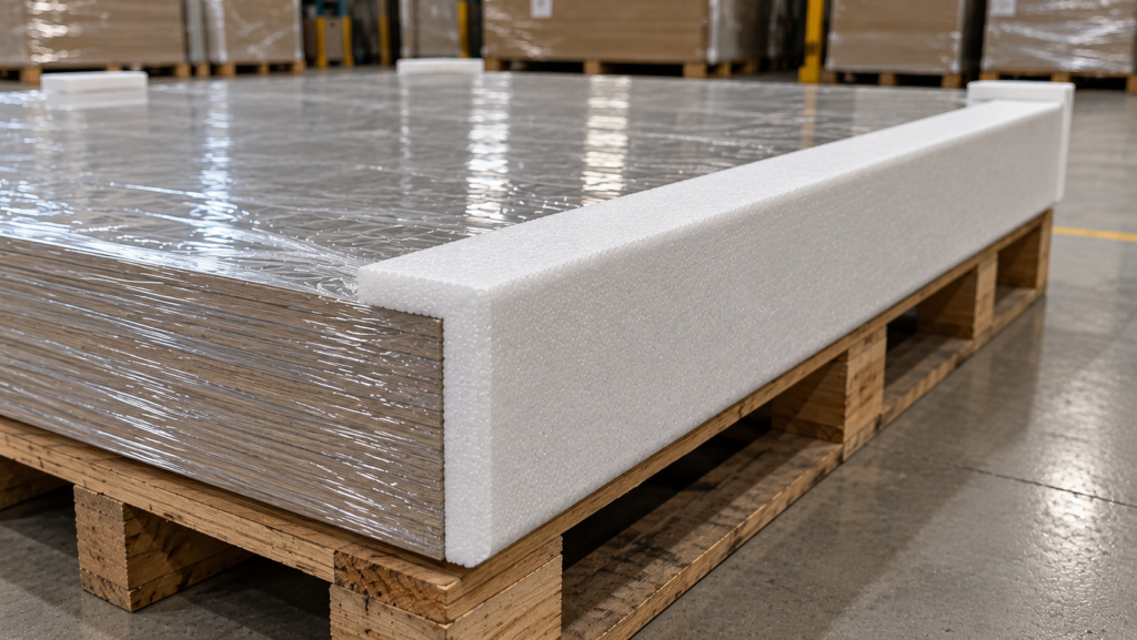 Pallet loaded with a large foam edge protector wrapped in plastic film in a warehouse setting